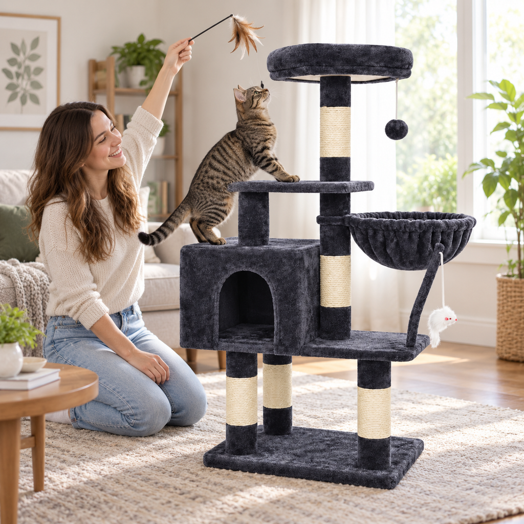 POUPIPETS Cat Tree Tower 43.3" – Multi-Level Condo, Hammock, Scratching Posts & Toy
