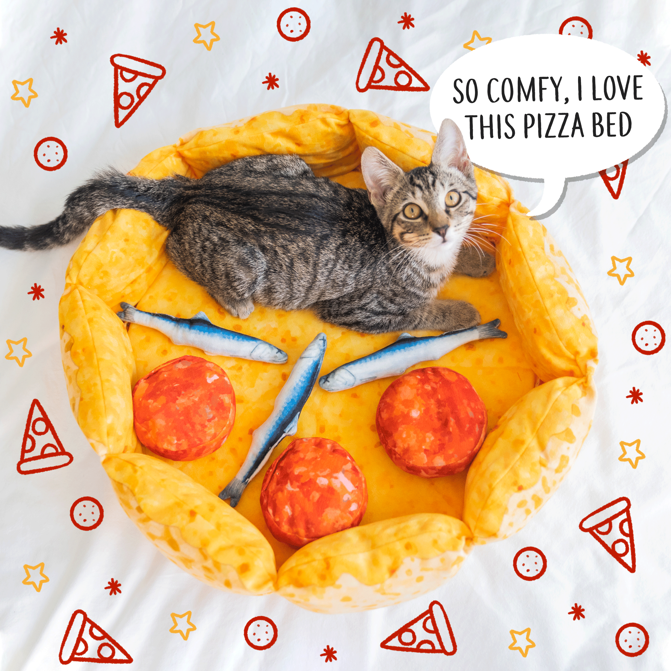 Dailypets Pizza Shaped Cat Bed with Plush Topping Toy Pillows