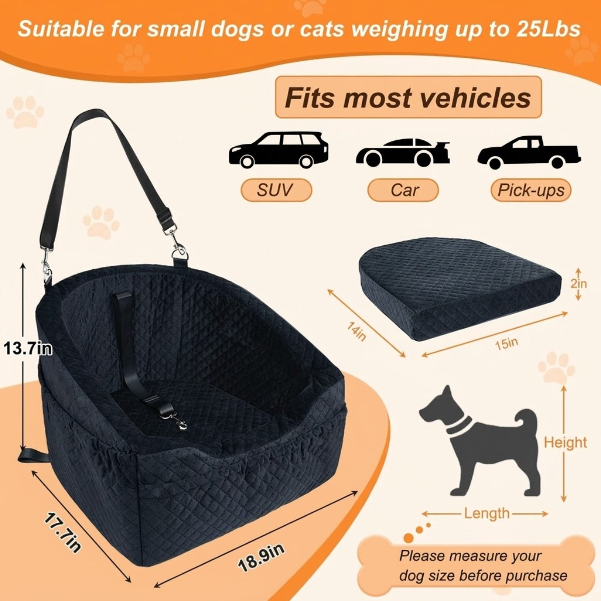 Poupipets Memory Foam Dog Booster Car Seat with Washable Cover & Safety Tether for Travel