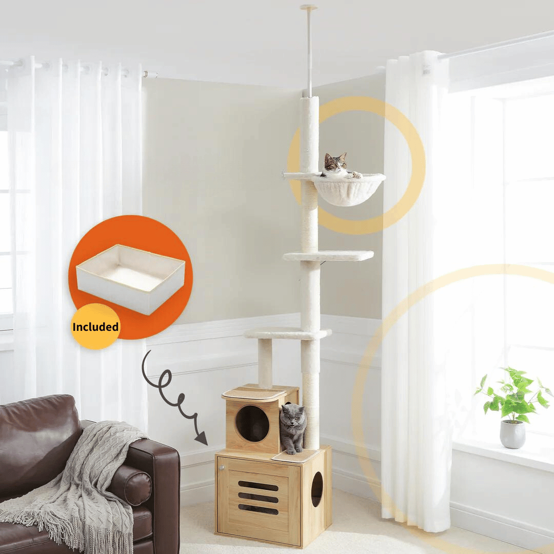 Dailypets Scandinavian Floor-to-Ceiling Cat Tree – Adjustable Tower with Hidden Litter Box Slot