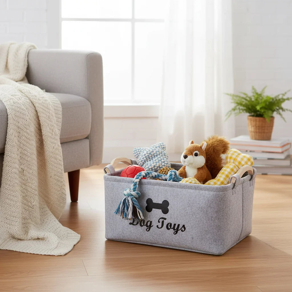 Dailypets Felt Pet Storage Basket with Wooden Handles for Toys & Grooming Supplies