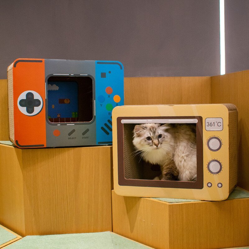 Dailypets Retro Cardboard Cat House – Interactive Cat Bed with Built-In Scratching Board