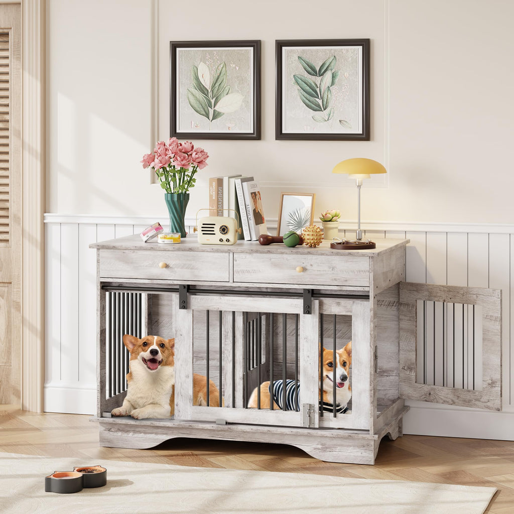 Dailypets 47-Inch Double Dog Crate Furniture with 2 Drawers and Removable Divider