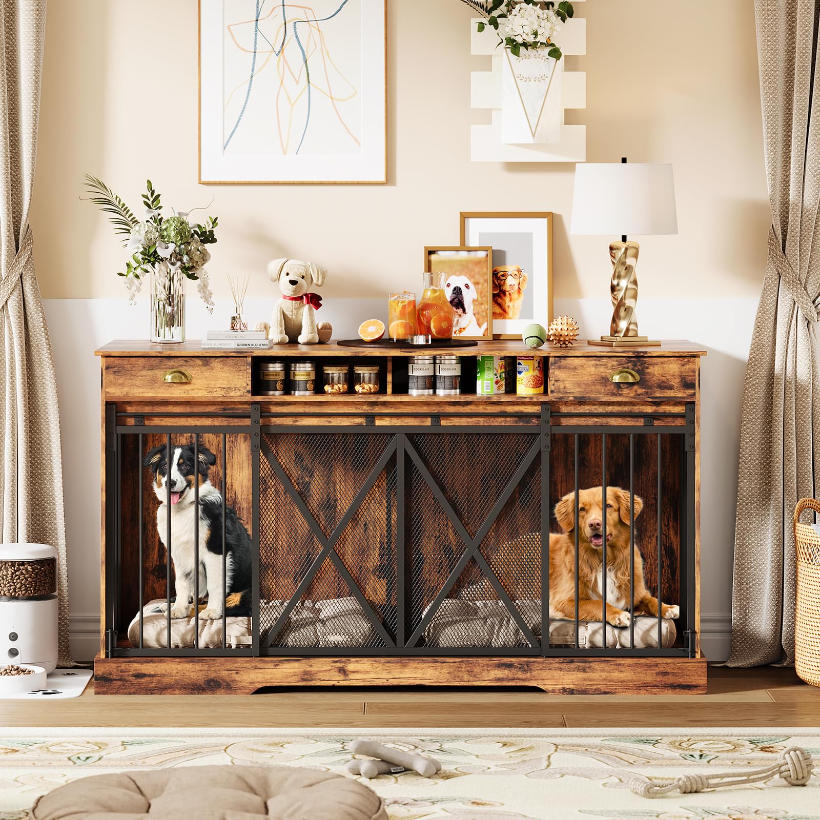 Dailypets Heavy Duty Double Dog Crate Furniture with Drawers & Sliding Barn Doors