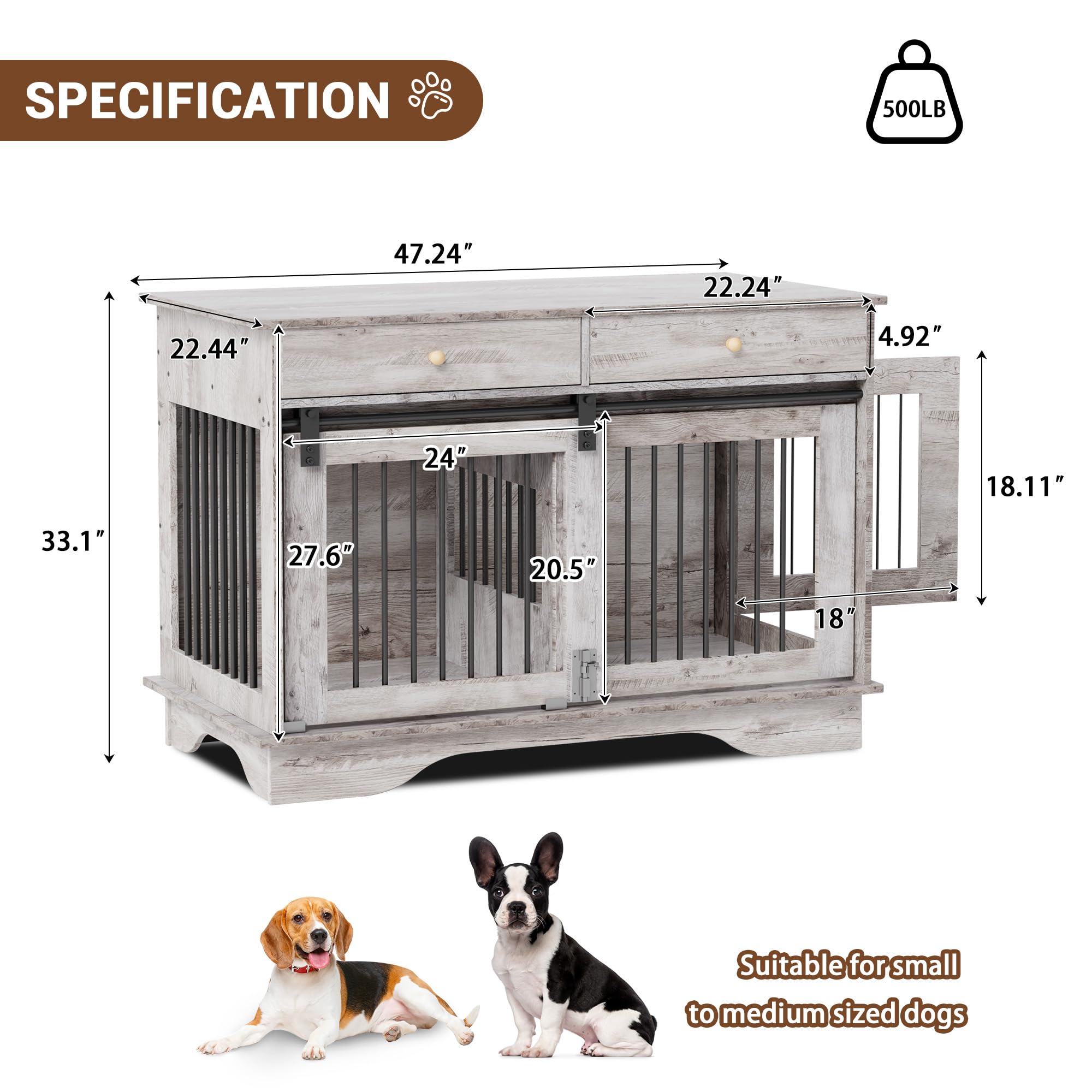 Dailypets 47-Inch Double Dog Crate Furniture with 2 Drawers and Removable Divider
