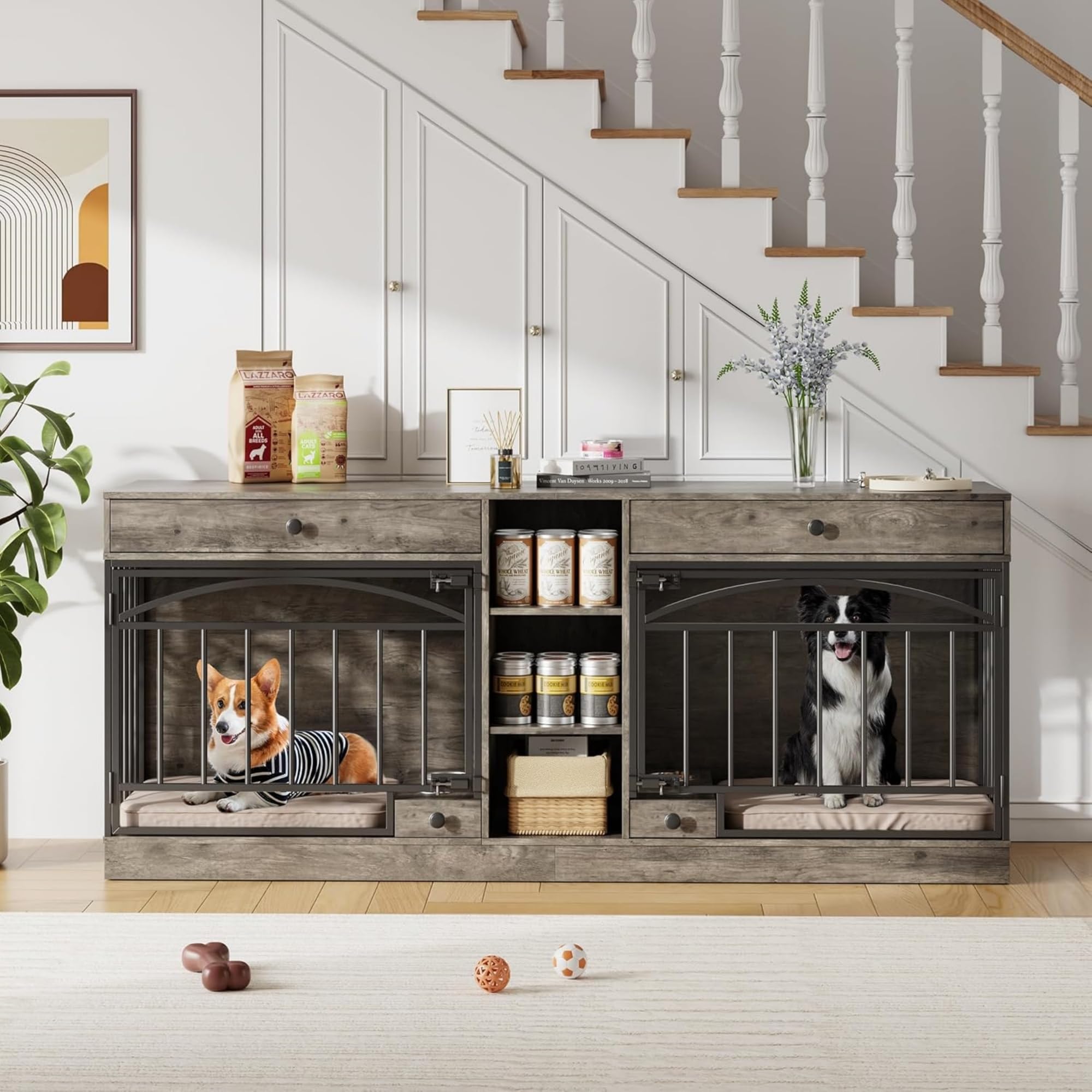 Dailypets Double Dog Station with Storage Shelves & Feeding Bowls