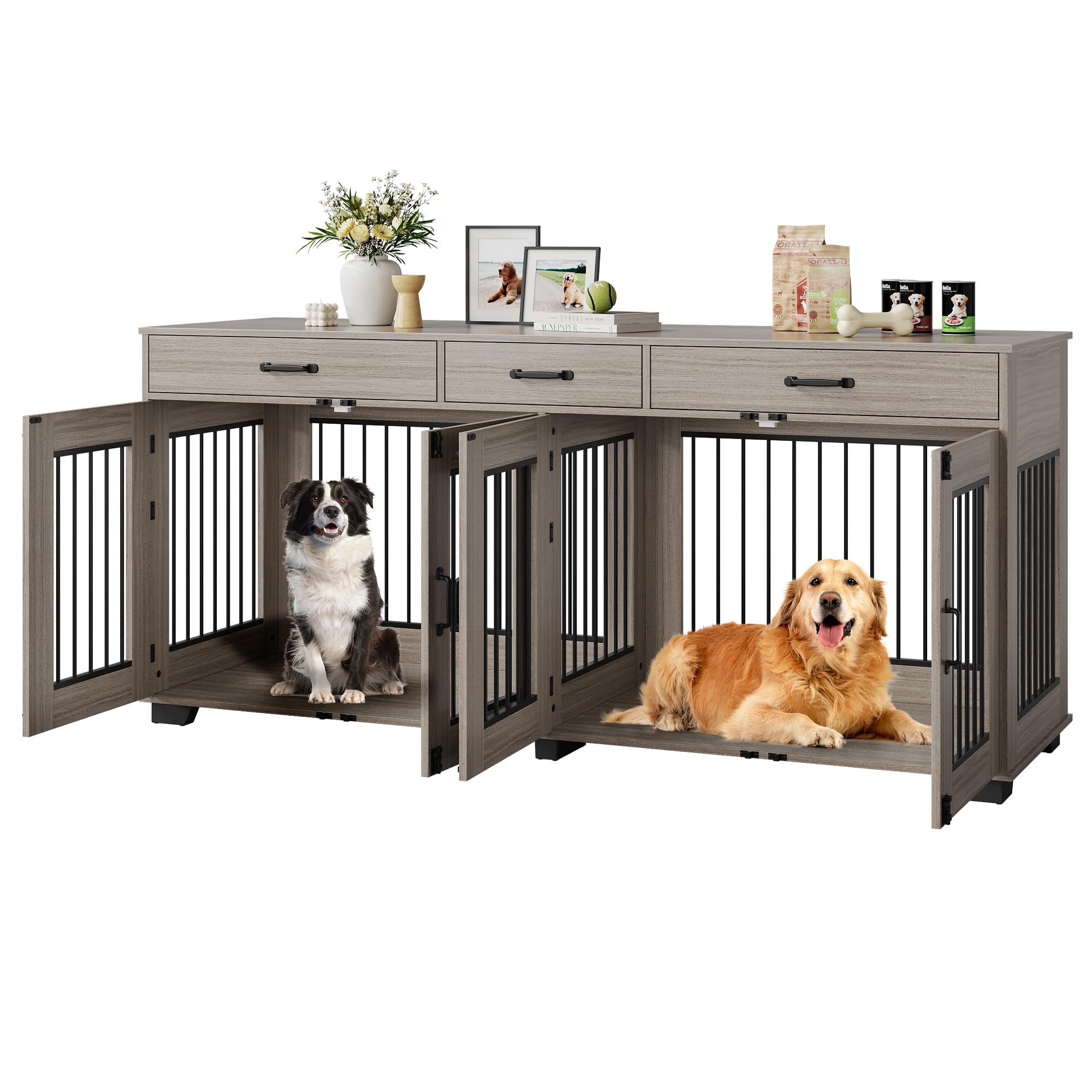 Dailypets 71-Inch Double Dog Crate Furniture with 3 Storage Drawers