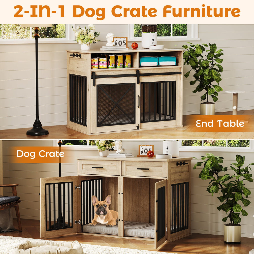 Dailypets 44.5-Inch Dog Crate Furniture with Sliding Barn Door and Storage Drawers
