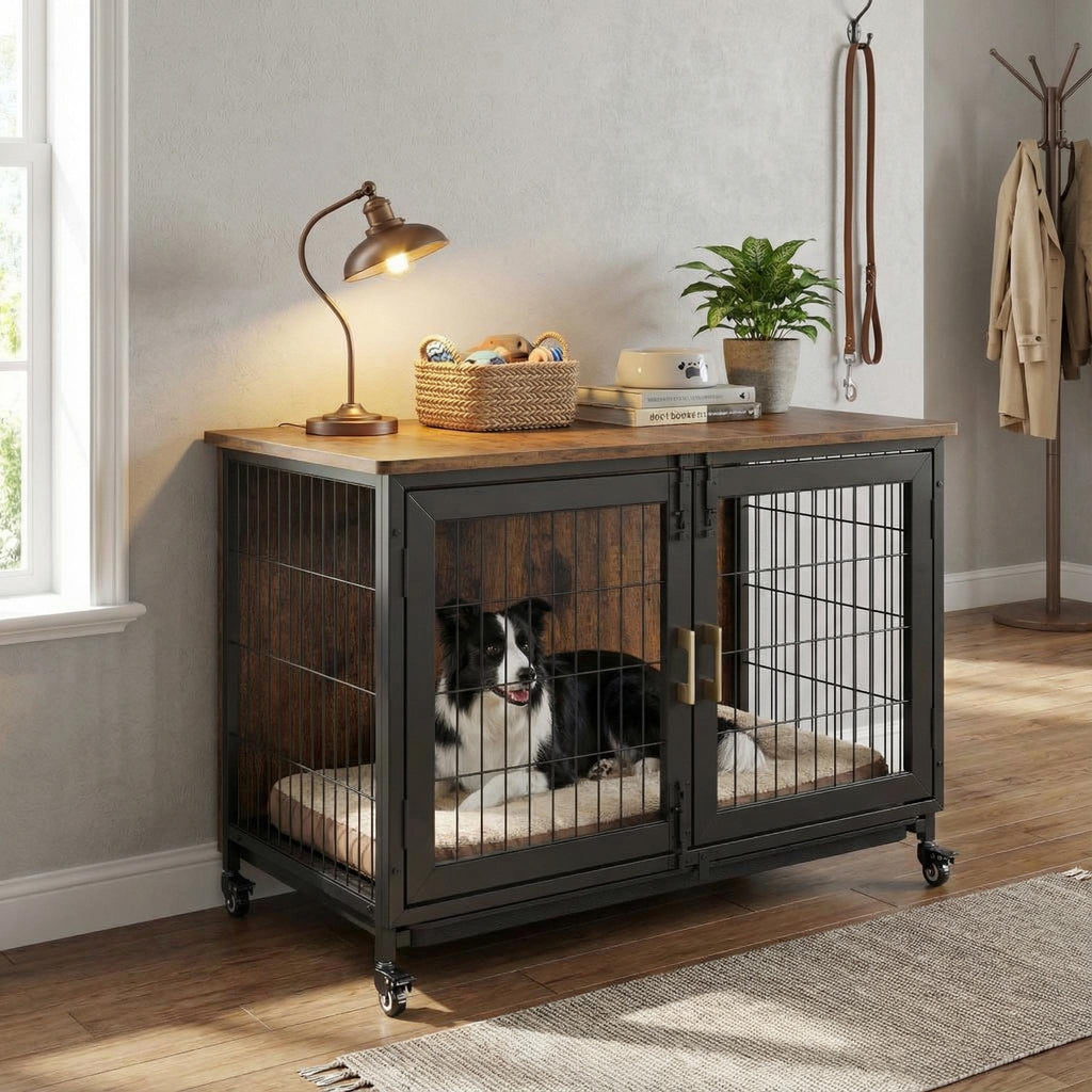 Dailypets Heavy Duty Dog Crate Furniture with Locking Wheels and Removable Tray
