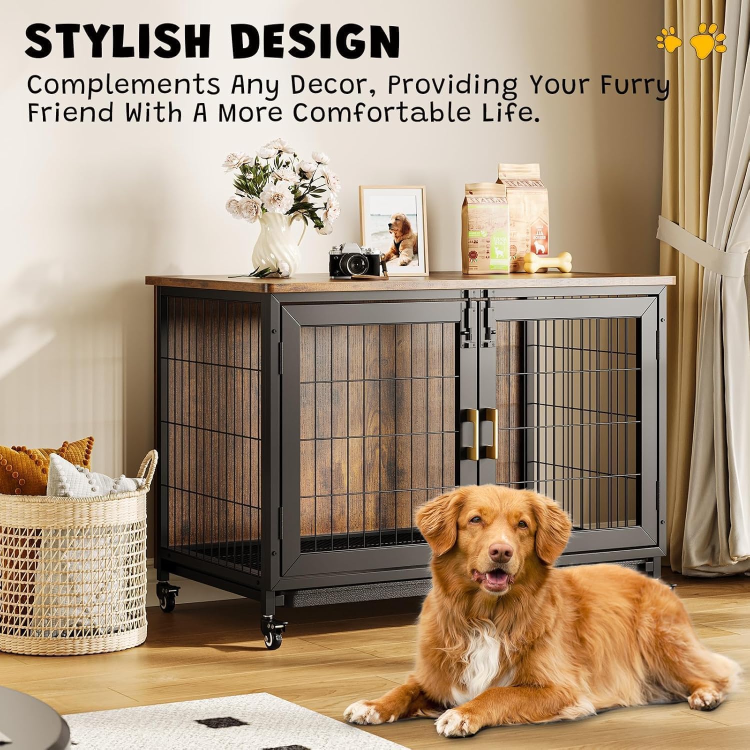 Dailypets Heavy Duty Dog Crate Furniture with Locking Wheels and Removable Tray