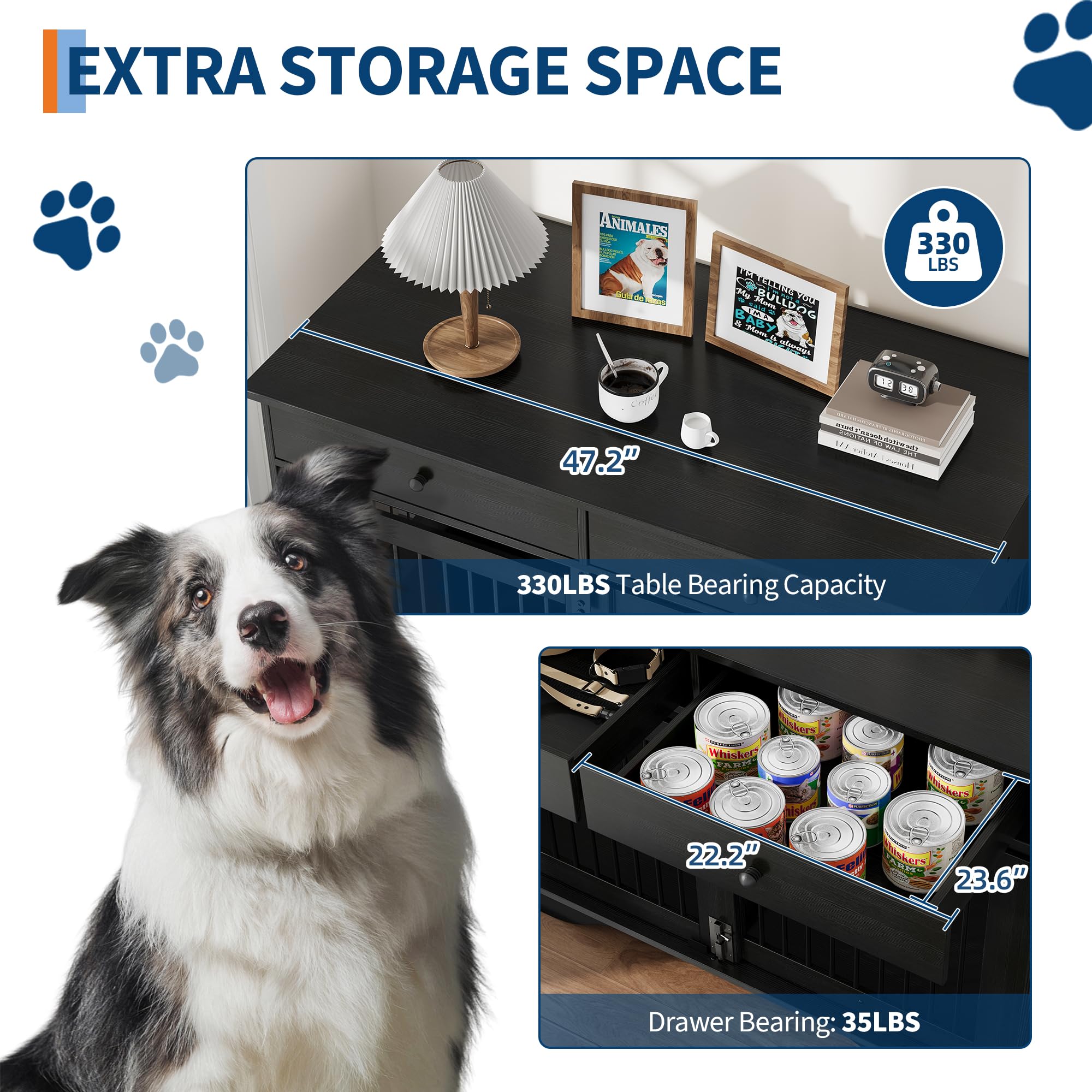 Dailypets 47-Inch Double Dog Crate Furniture with 2 Storage Drawers