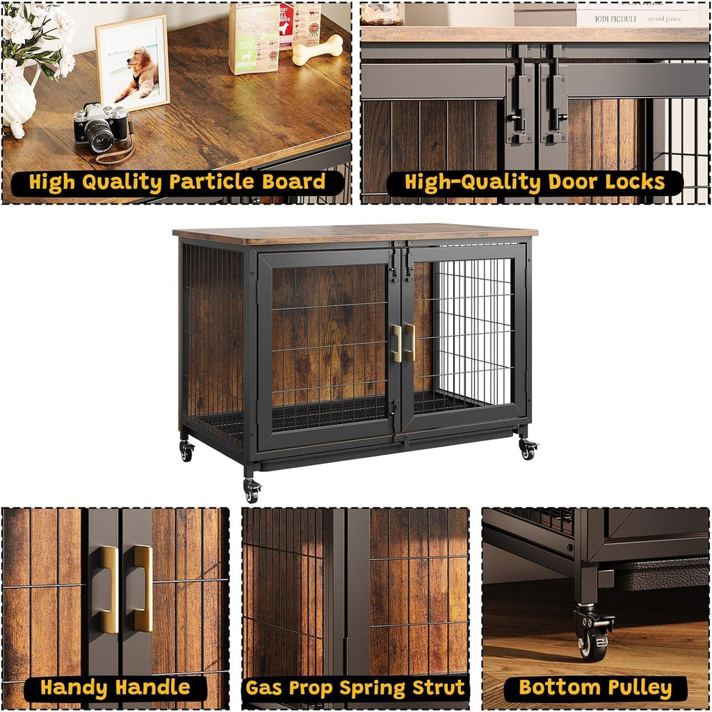 Dailypets Heavy Duty Dog Crate Furniture with Locking Wheels and Removable Tray