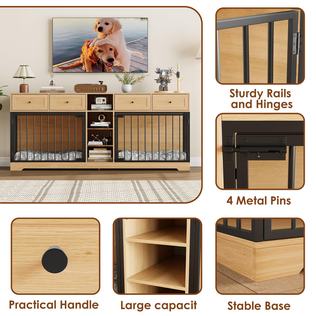 Dailypets 82-Inch Double Dog Crate Furniture TV Stand with 4 Drawers