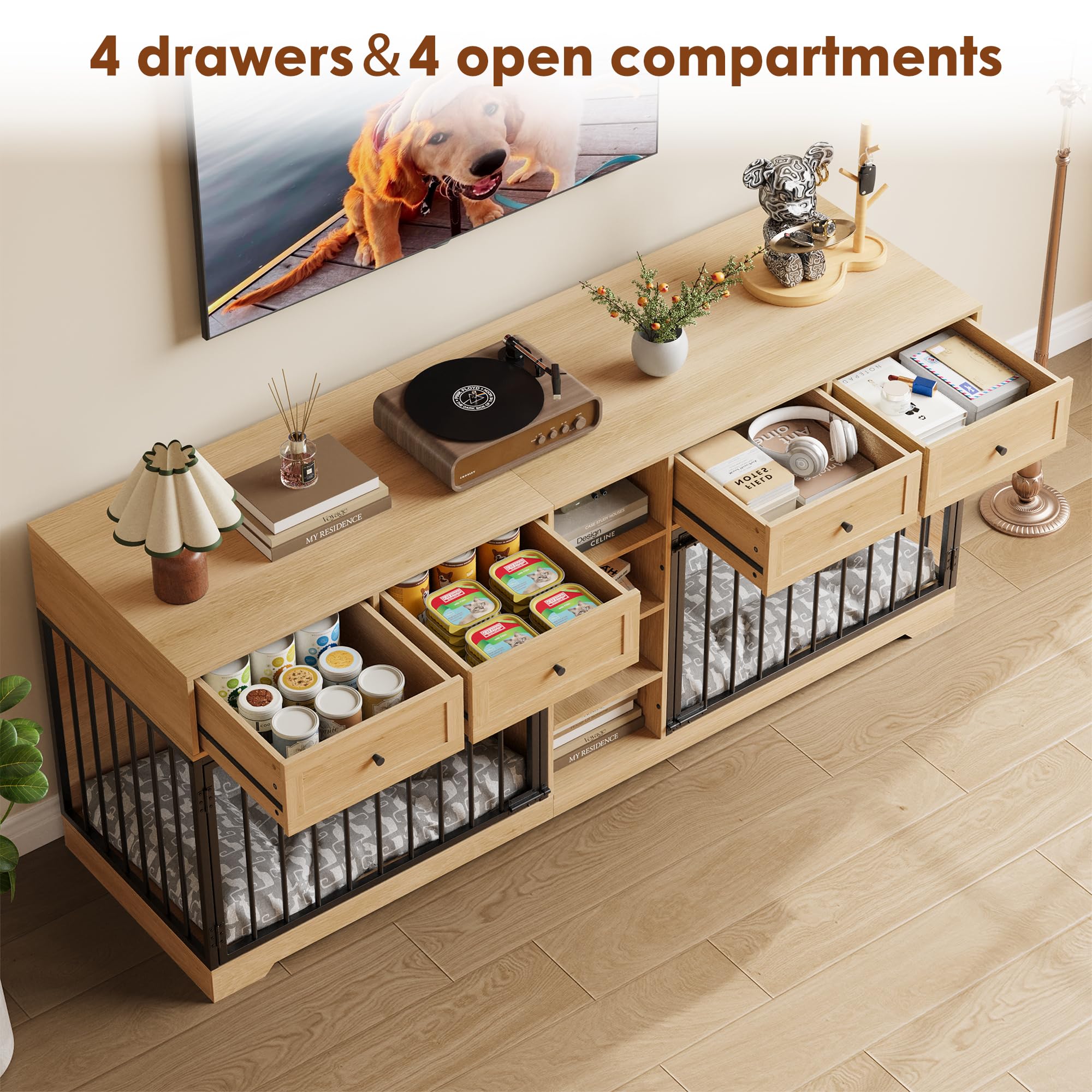Dailypets 82-Inch Double Dog Crate Furniture TV Stand with 4 Drawers