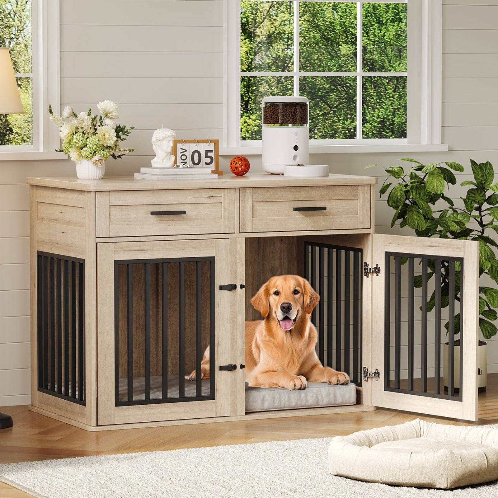 Dailypets 44.5-Inch Dog Crate Furniture with Sliding Barn Door and Storage Drawers