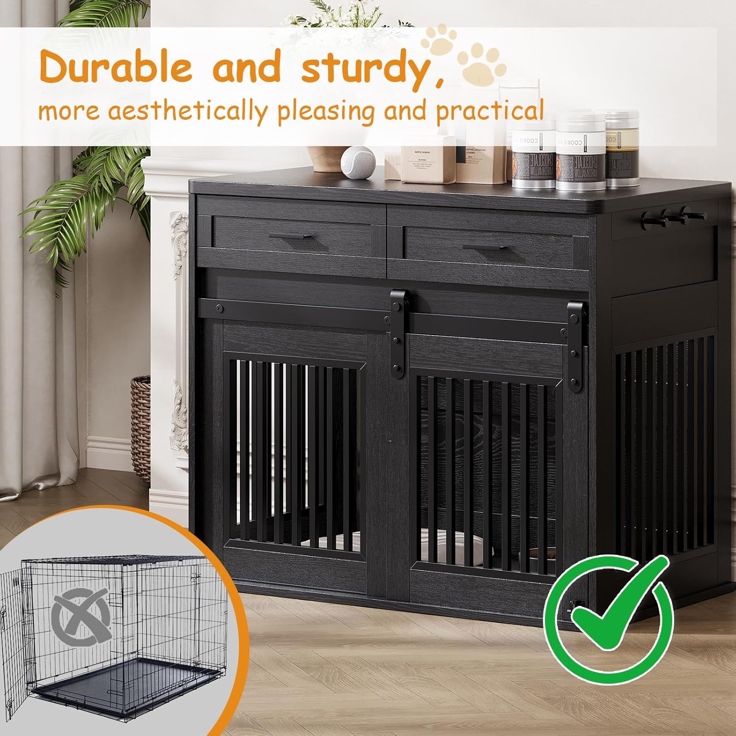 Dailypets Heavy Duty Dog Crate Furniture with Sliding Barn Door and Storage Drawers