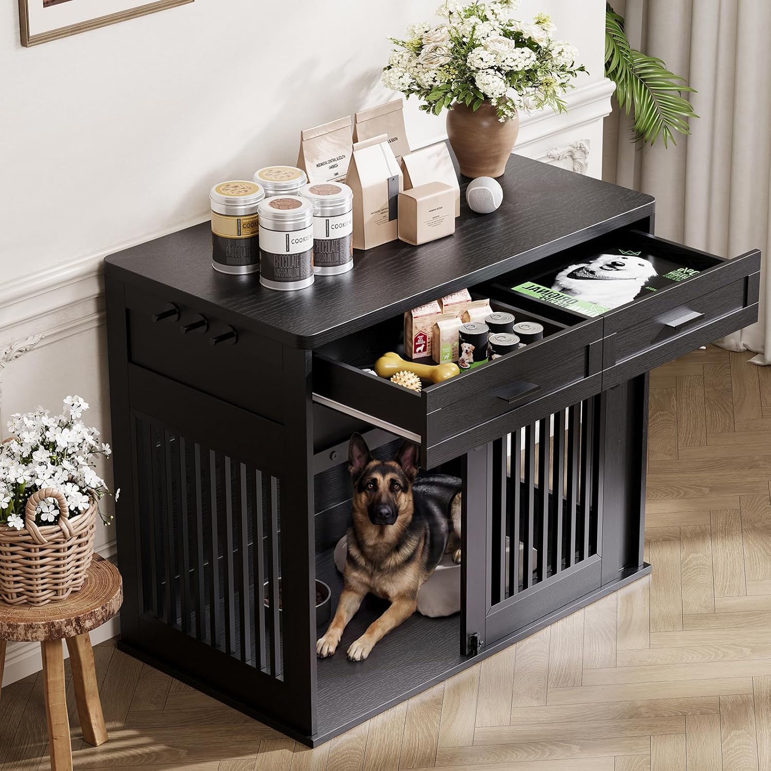 Dailypets Heavy Duty Dog Crate Furniture with Sliding Barn Door and Storage Drawers