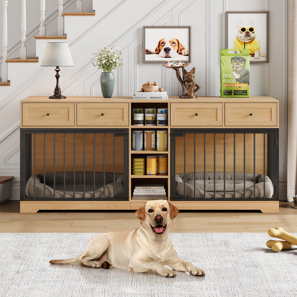 Dailypets 82-Inch Double Dog Crate Furniture TV Stand with 4 Drawers