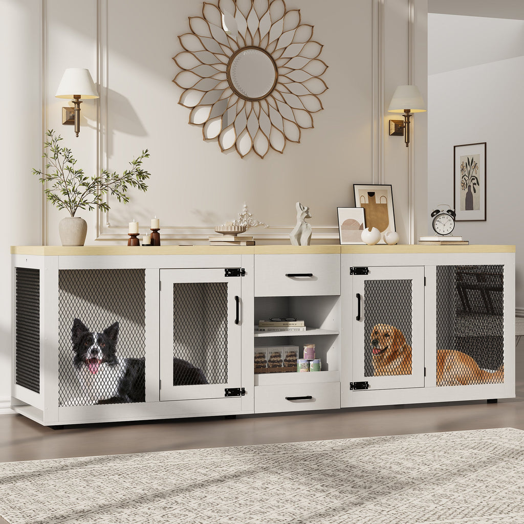 Dailypets 90-Inch Double Dog Crate Furniture with Feeding Station and Storage