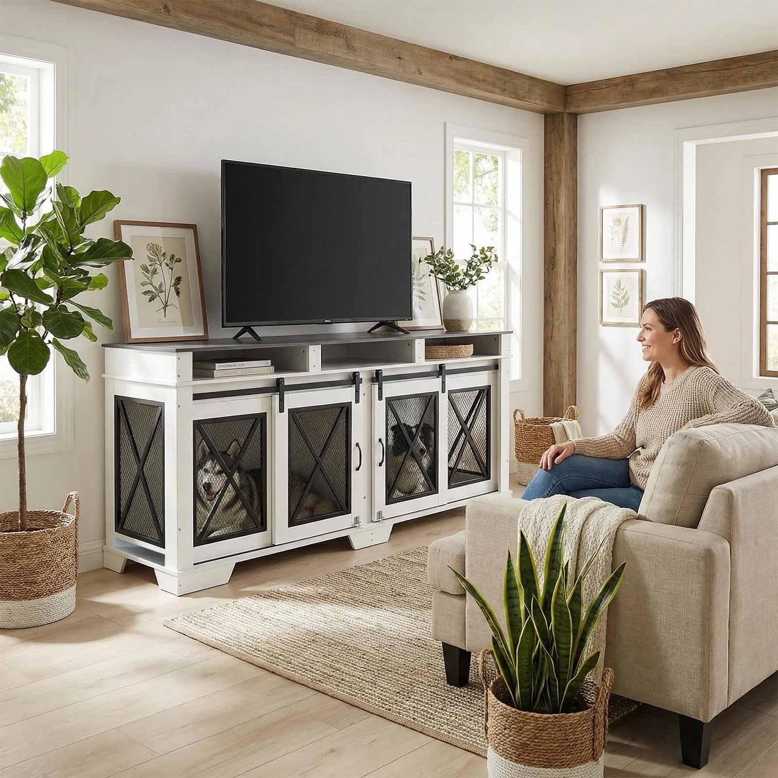 Dailypets 71-Inch Double Dog Crate Furniture with Storage Shelves and Divider