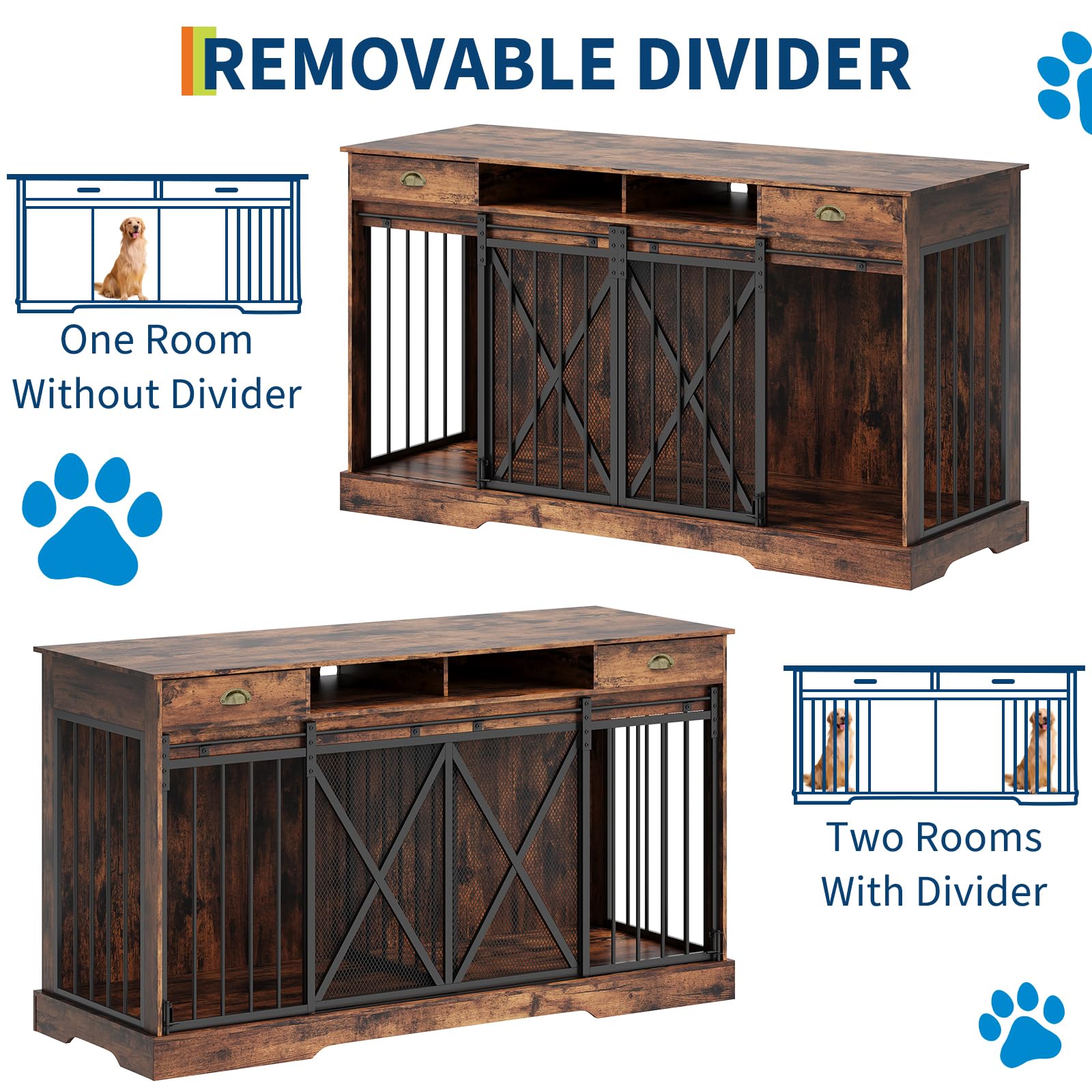 Dailypets Heavy Duty Double Dog Crate Furniture with Drawers & Sliding Barn Doors