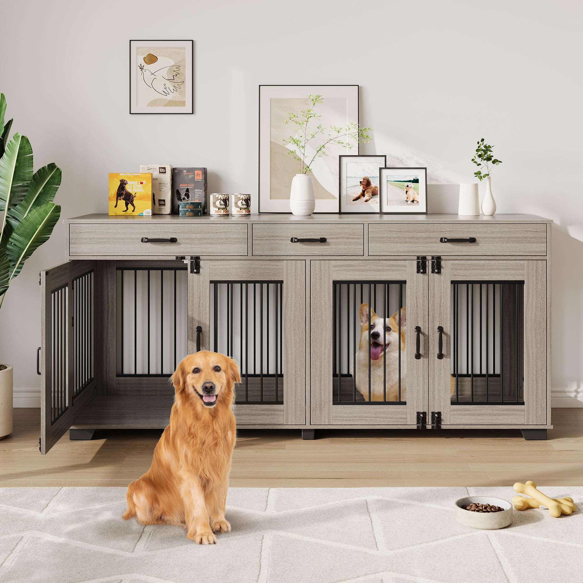 Dailypets 71-Inch Double Dog Crate Furniture with 3 Storage Drawers