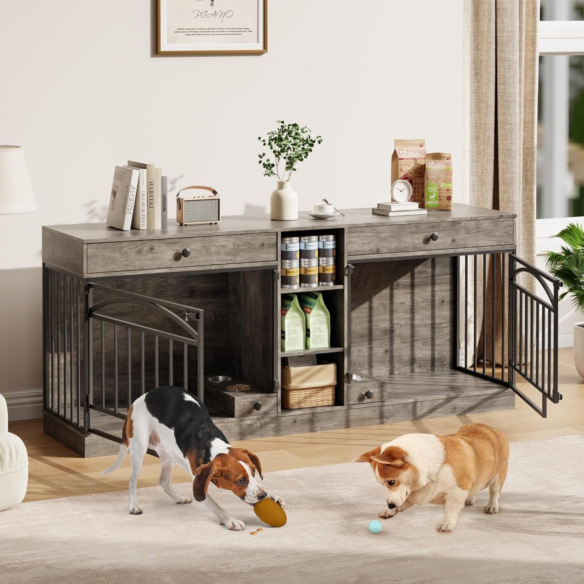 Dailypets Double Dog Station with Storage Shelves & Feeding Bowls