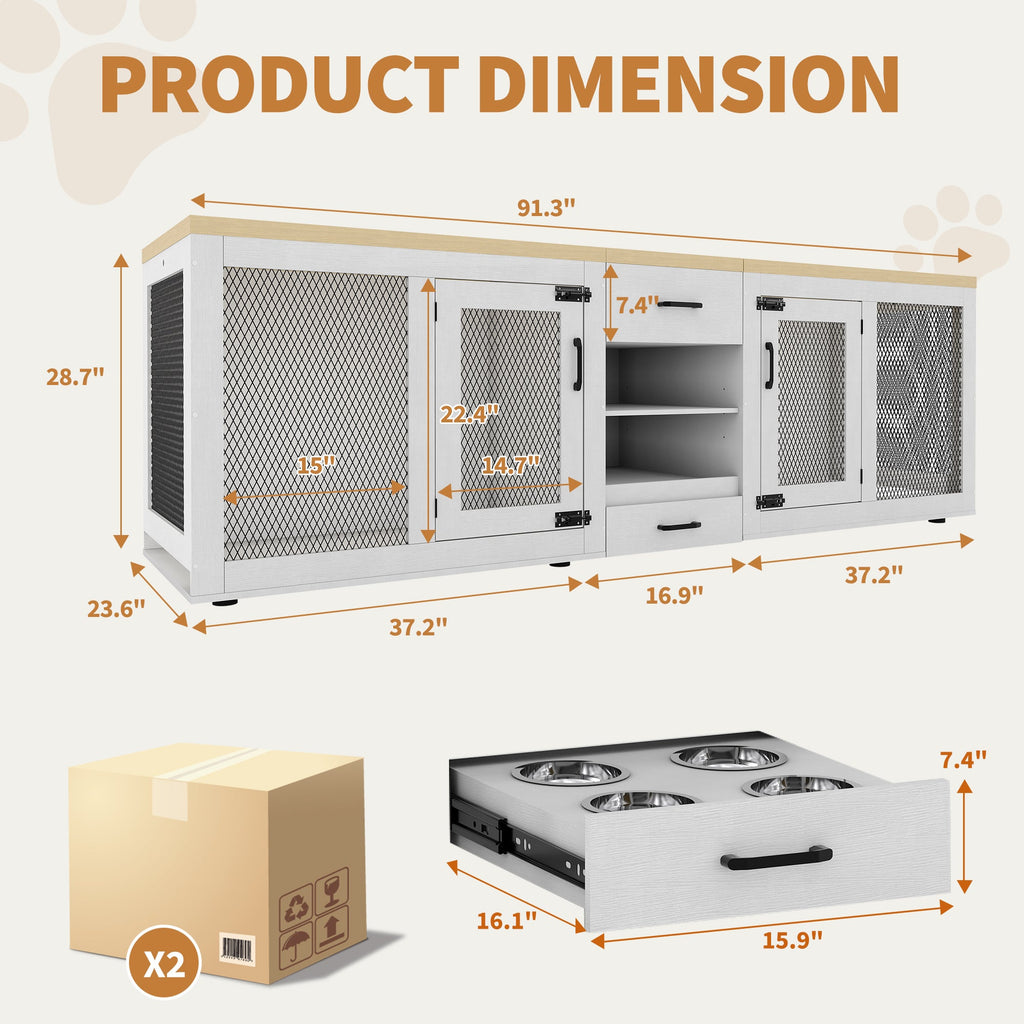 Dailypets 90-Inch Double Dog Crate Furniture with Feeding Station and Storage
