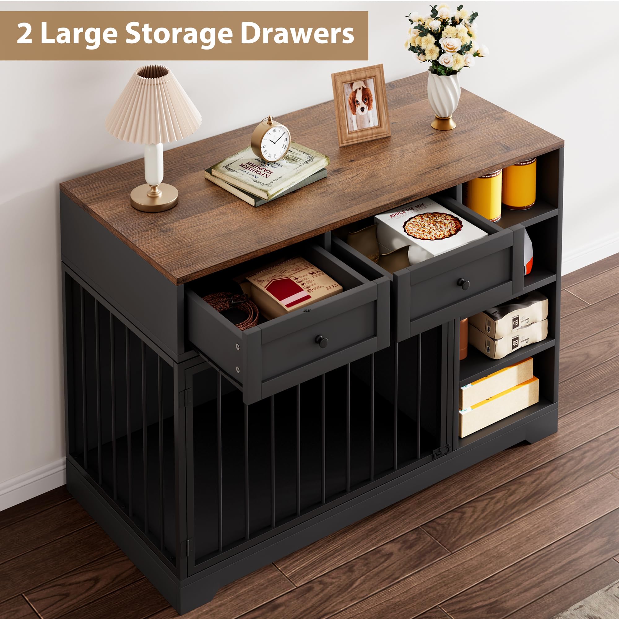 Dailypets 47-Inch Dog Crate Furniture with 2 Drawers and 4 Storage Shelves