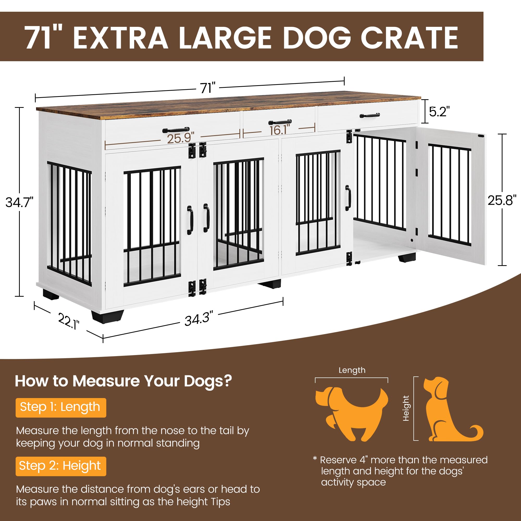 Dailypets 71-Inch Dual Dog Retreat Cabinet with Triple Storage Drawers