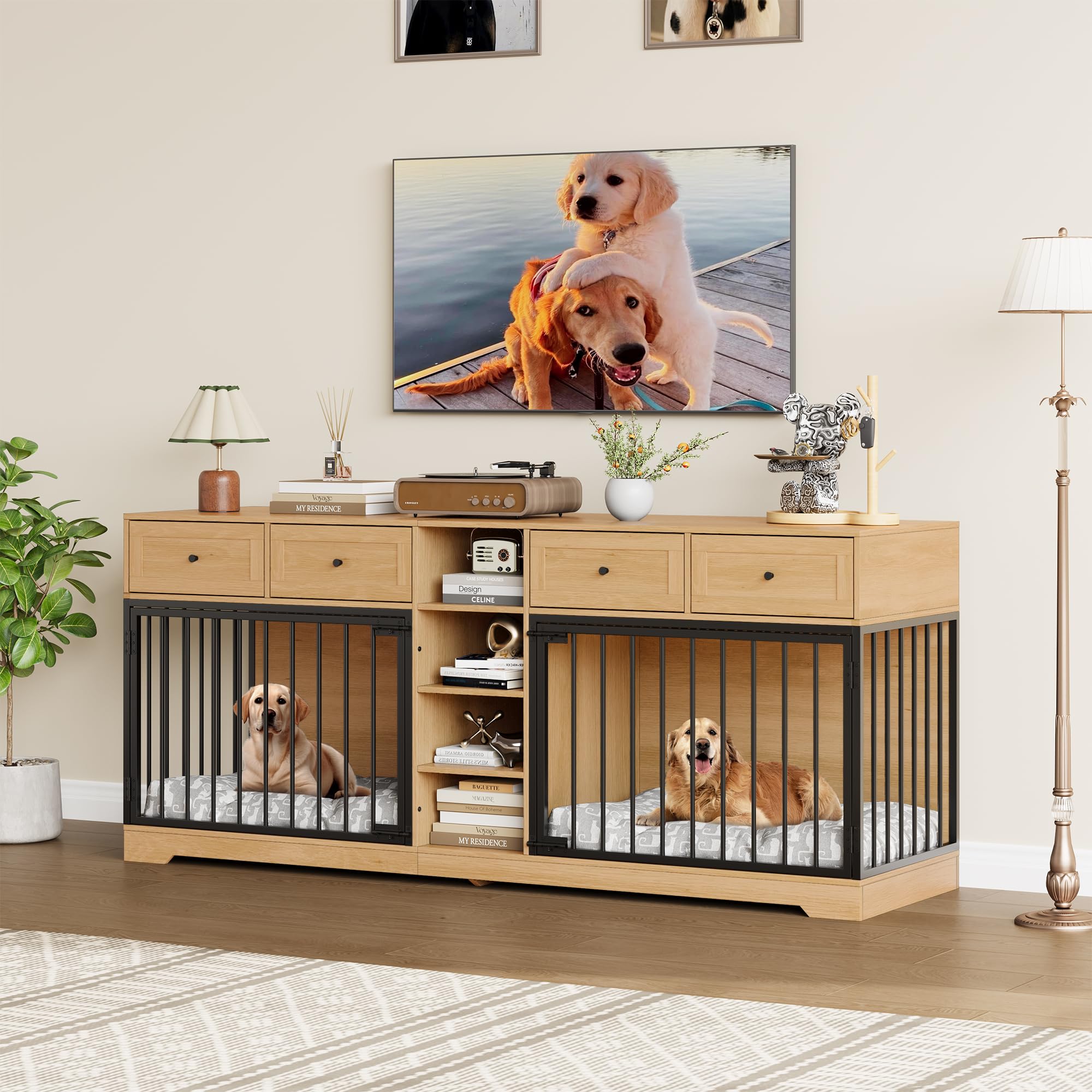 Dailypets 82-Inch Double Dog Crate Furniture TV Stand with 4 Drawers