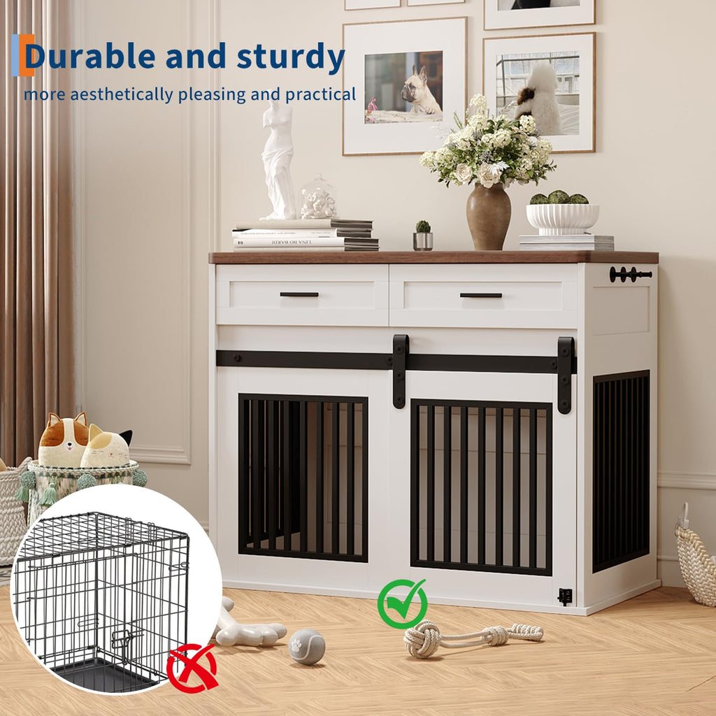 Dailypets Wooden Dog Crate End Table with Sliding Barn Door and Storage Drawers