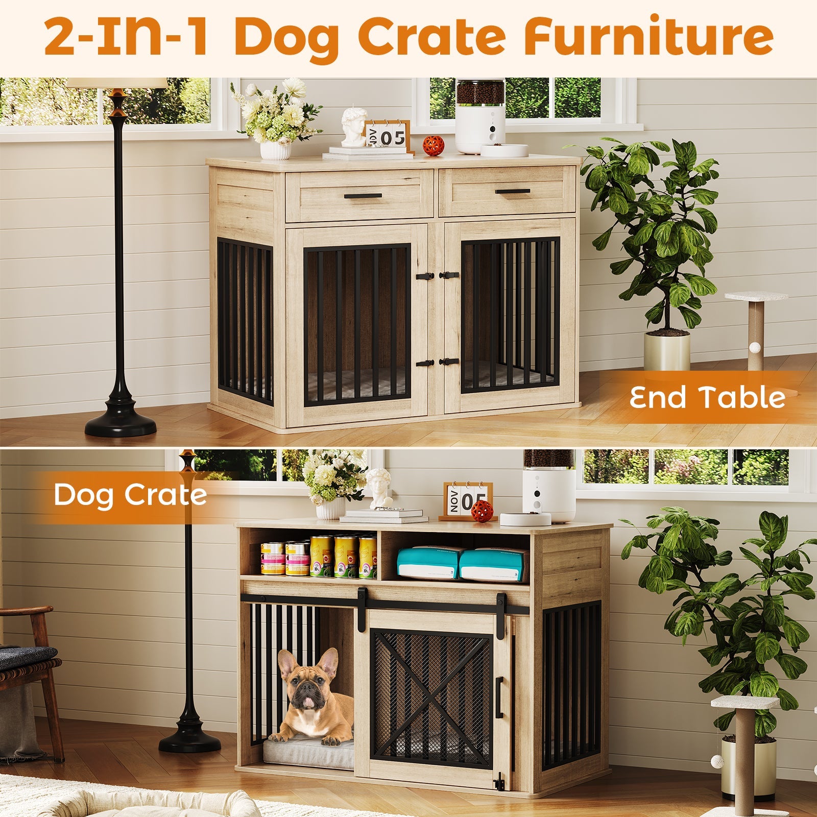 Dailypets 44.5-Inch Dog Crate Furniture with Hidden Storage Drawers