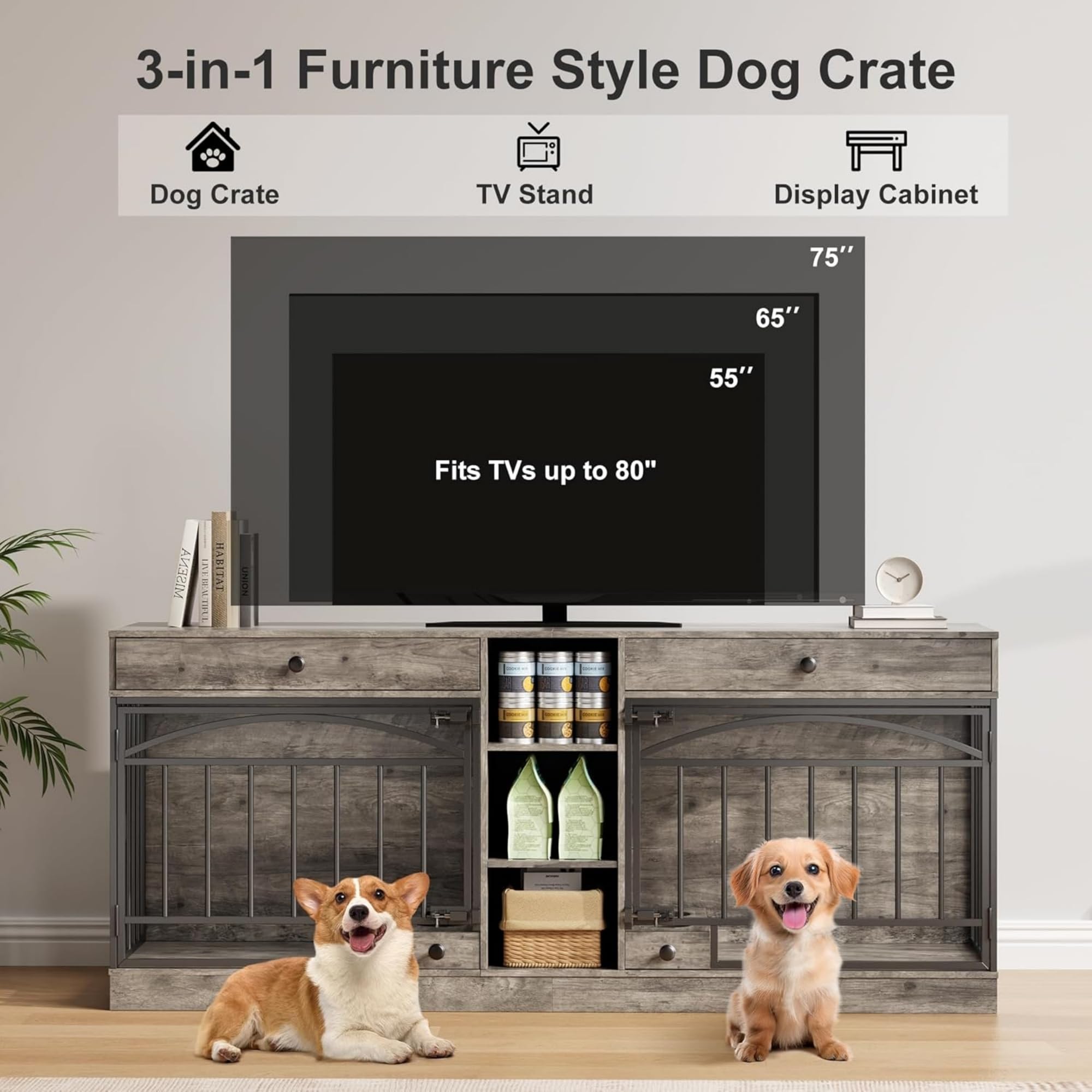 Dailypets Double Dog Station with Storage Shelves & Feeding Bowls