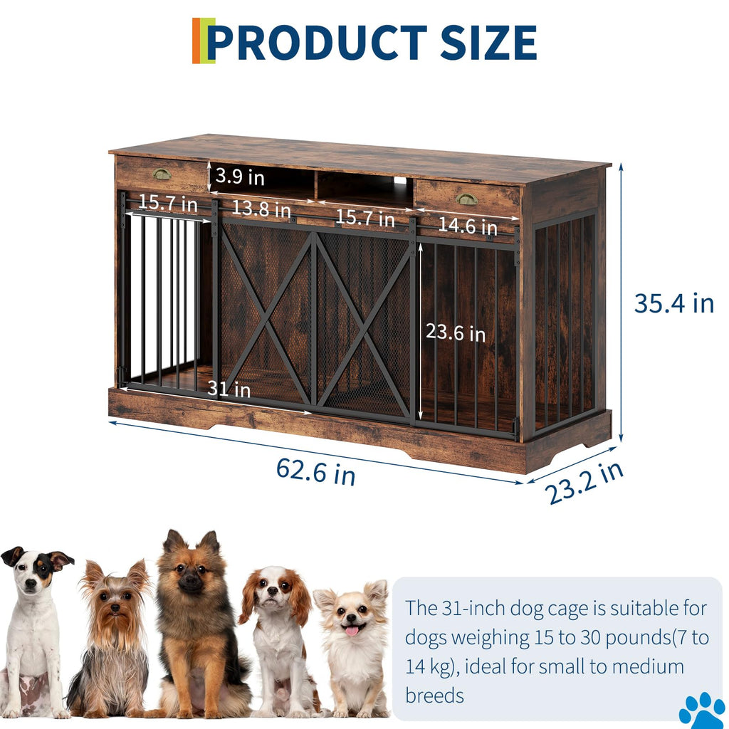 Dailypets 63-Inch Heavy Duty Double Dog Crate Furniture with Storage Drawers