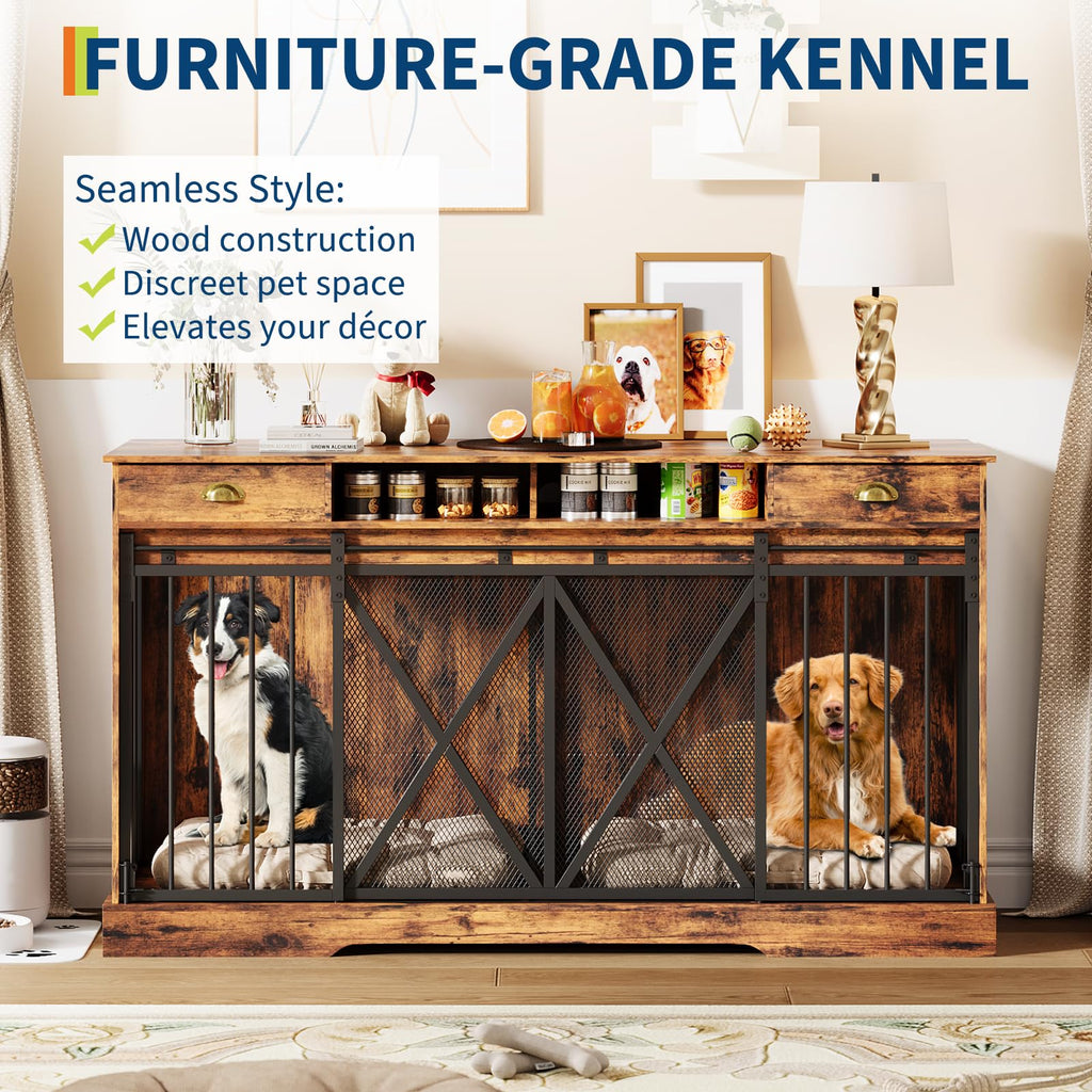 Dailypets Heavy Duty Double Dog Crate Furniture with Drawers & Sliding Barn Doors