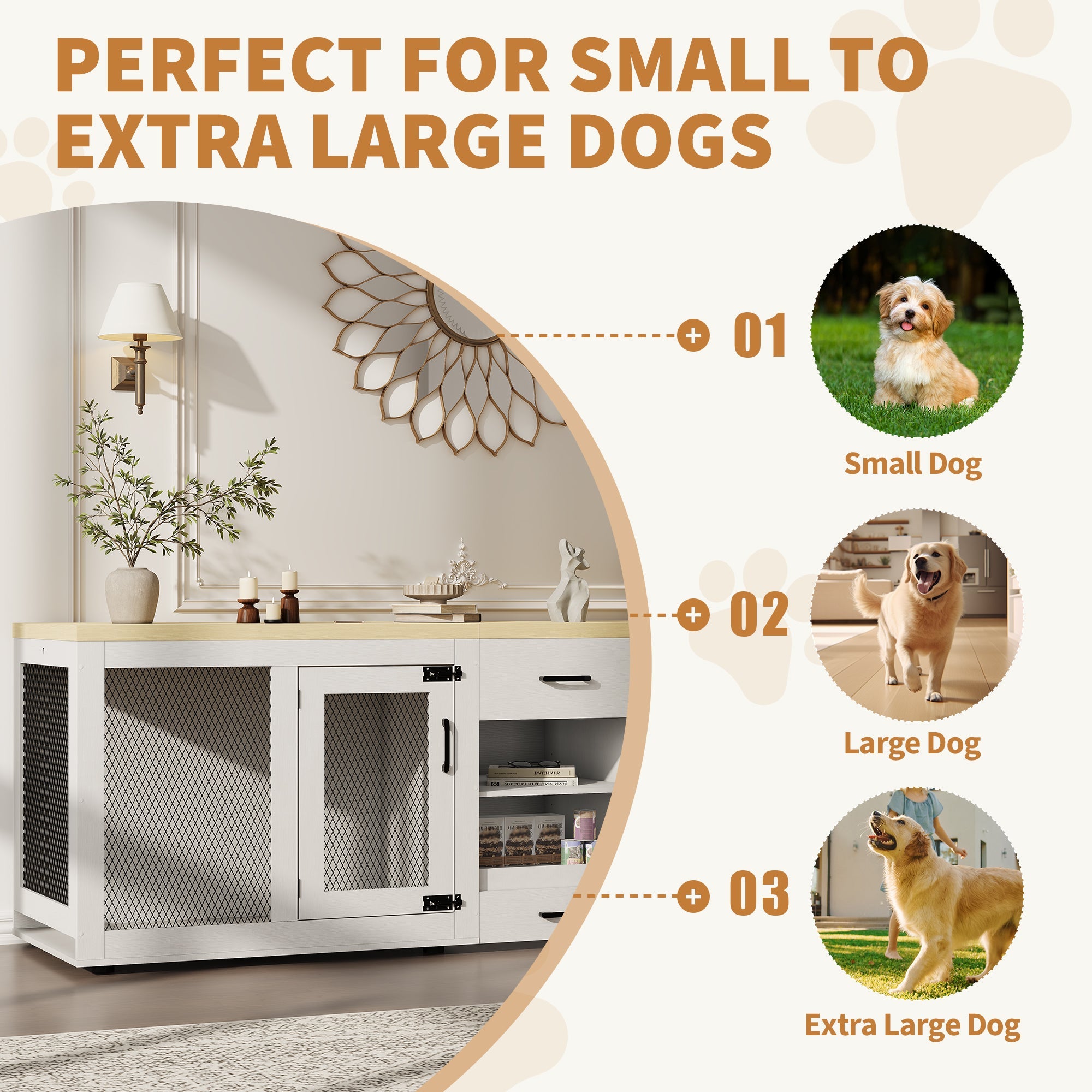Dailypets 90-Inch Double Dog Crate Furniture with Feeding Station and Storage