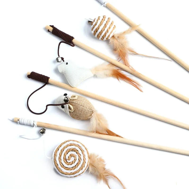 Dailypets Interactive Feather Wand Toy for Cats with Wooden Handle & Colorful Teaser