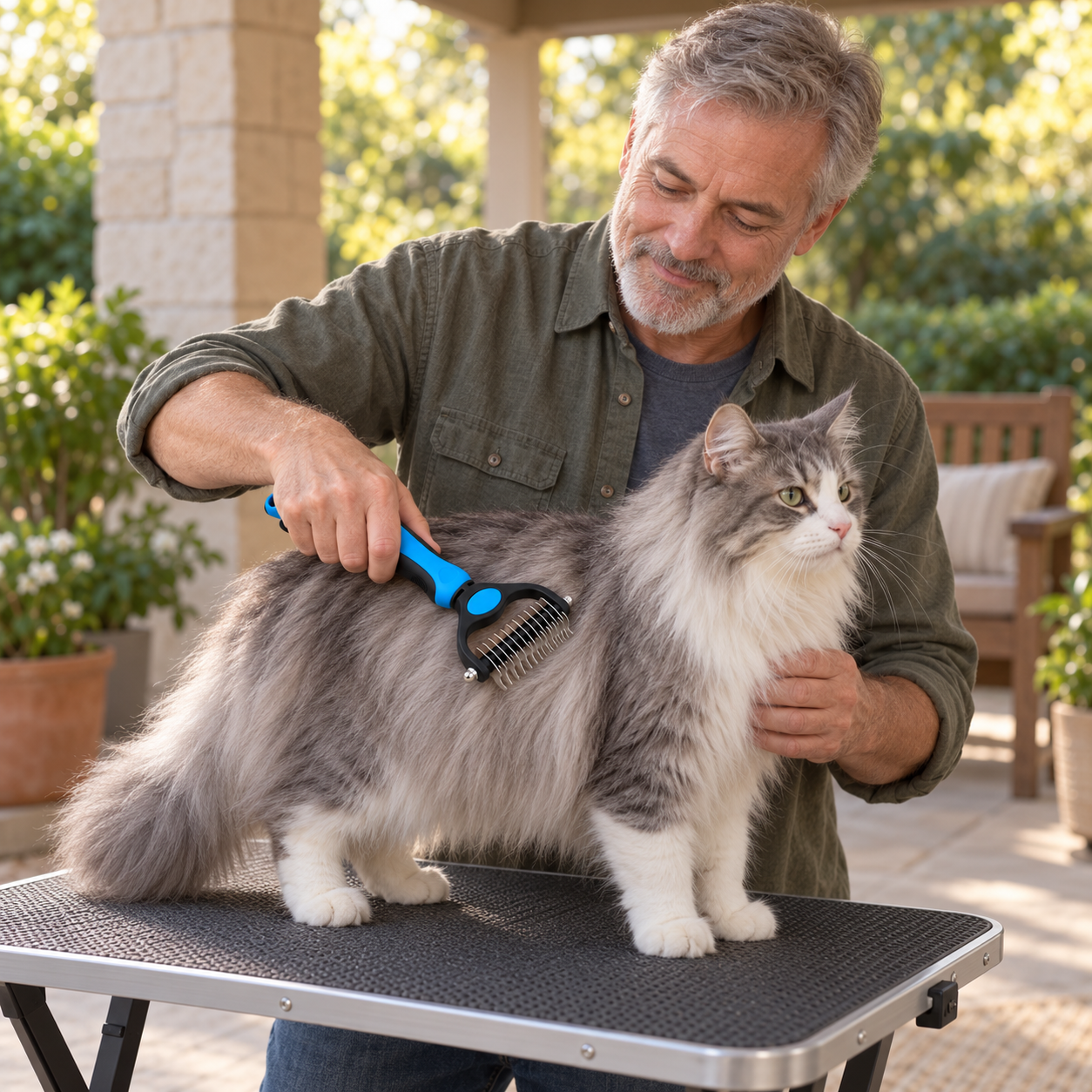 POUPIPETS 2-in-1 Dog Grooming Rake – Deshedding & Dematting Undercoat Brush for Pets