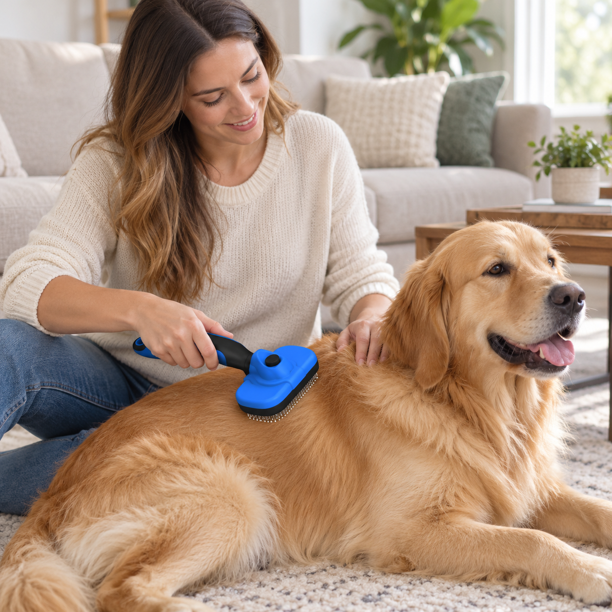 POUPIPETS Self-Cleaning Slicker Brush – Skin-Friendly Deshedding Tool for Dogs & Cats