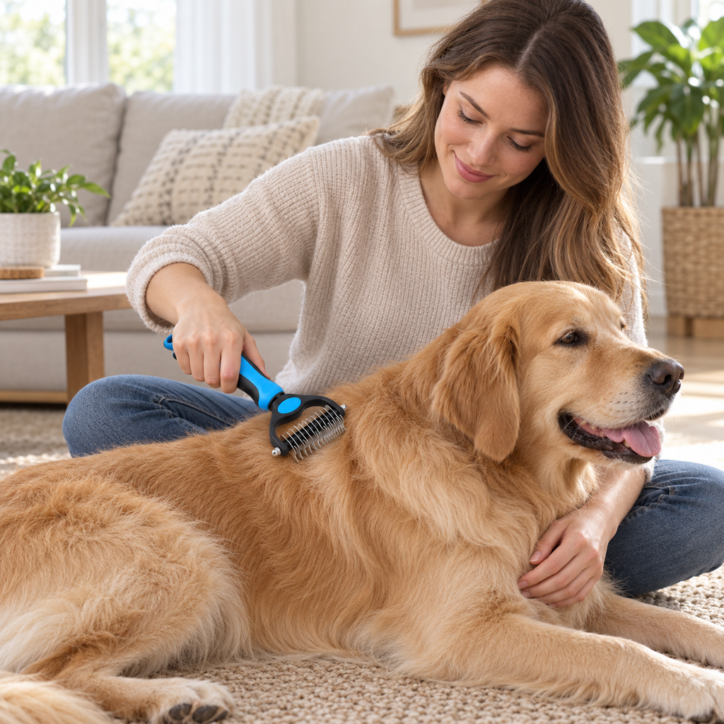 POUPIPETS 2-in-1 Dog Grooming Rake – Deshedding & Dematting Undercoat Brush for Pets