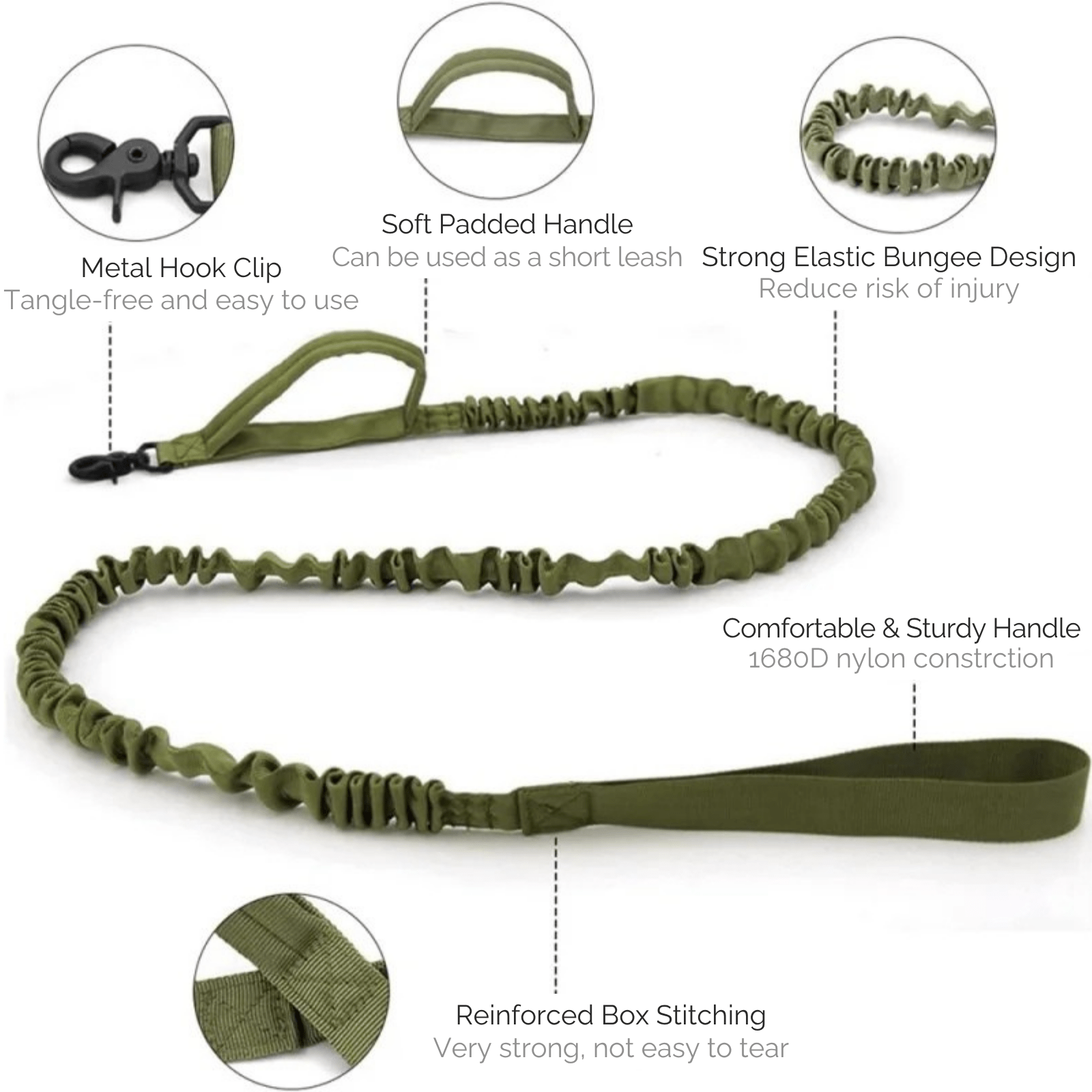 Dailypets Tactical Dog Collar & Bungee Leash Set with Adjustable Nylon Design