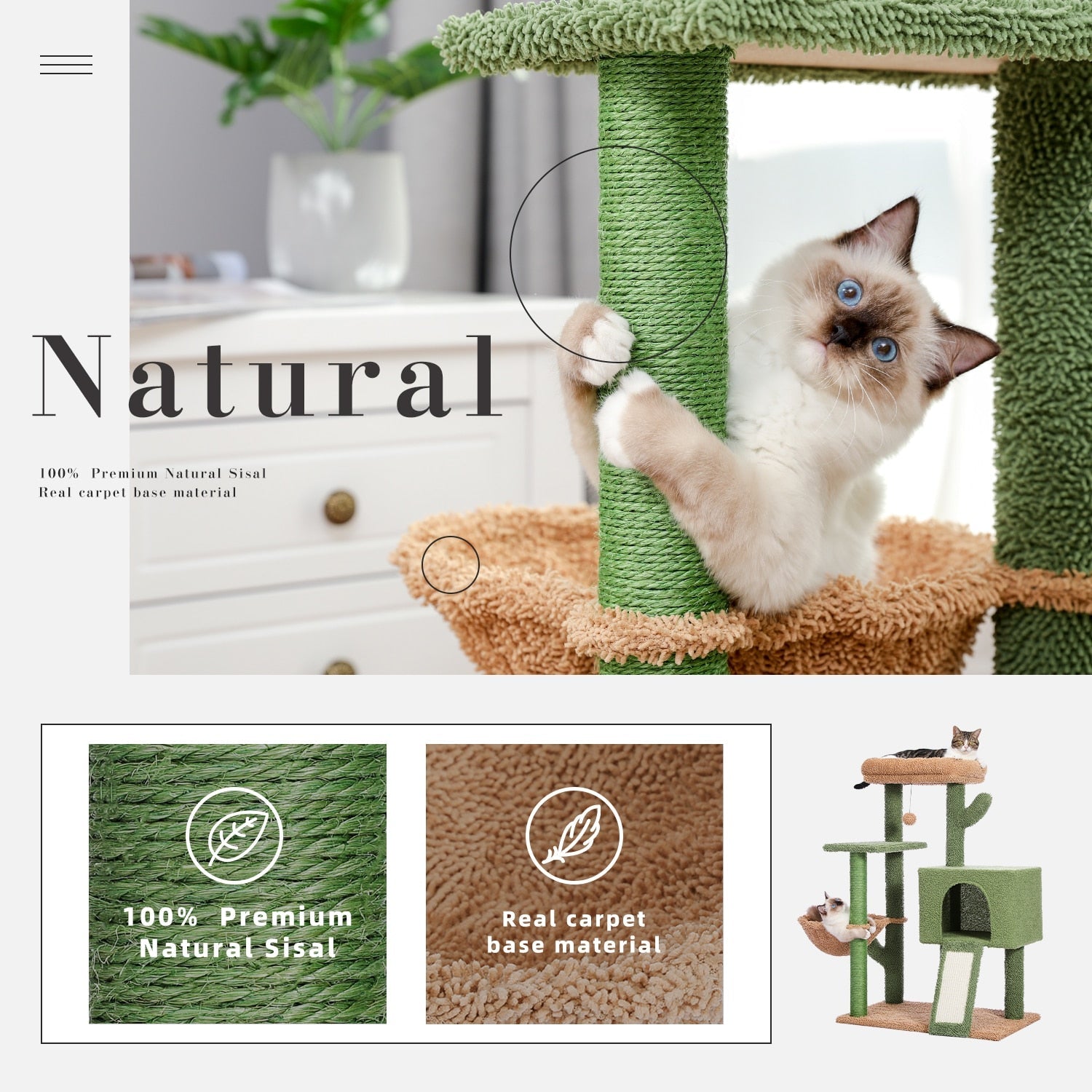 Dailypets Modern Cactus Cat Tree – Multi-Level Cat Tower with Cozy Condo and Lounge Bed