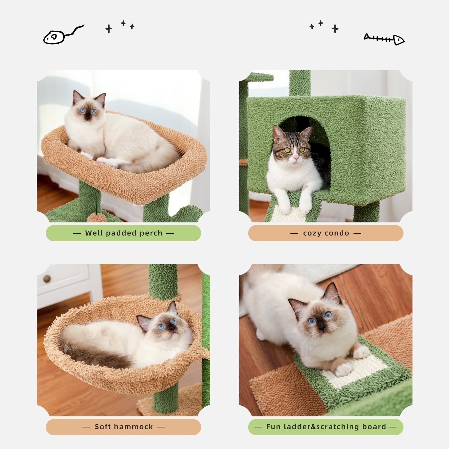 Dailypets Modern Cactus Cat Tree – Multi-Level Cat Tower with Cozy Condo and Lounge Bed