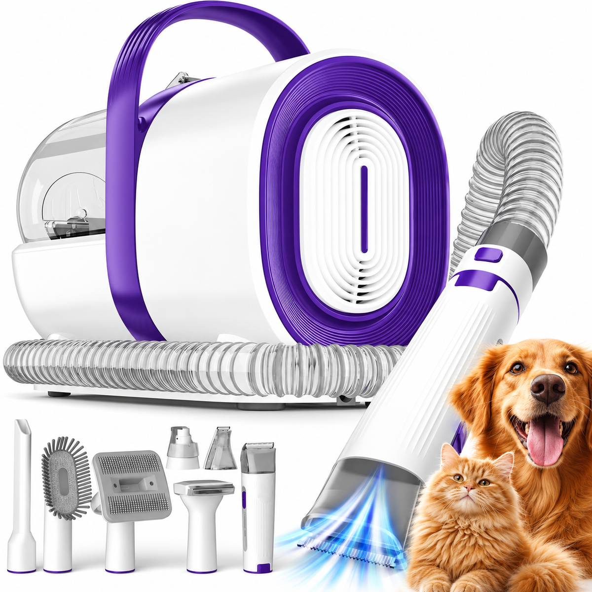 POUPIPETS Dog Grooming Vacuum – 7-in-1 Pet Grooming Kit with Low Noise & Hair Clippers