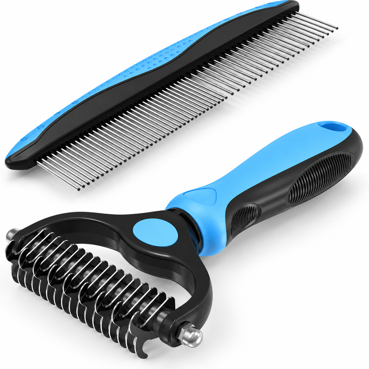 POUPIPETS Pet Grooming Rake & Comb – 2-in-1 Deshedding Dematting Tool for Dogs & Cats