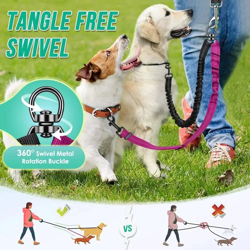 Dailypets Adjustable Dual Bungee Dog Leash Coupler with Reflective Tangle-Free Design
