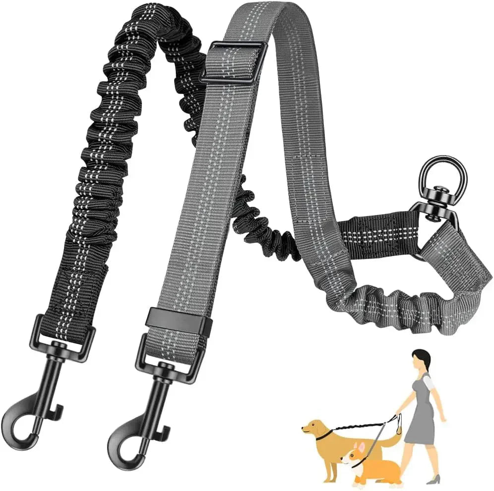 Dailypets Adjustable Dual Bungee Dog Leash Coupler with Reflective Tangle-Free Design