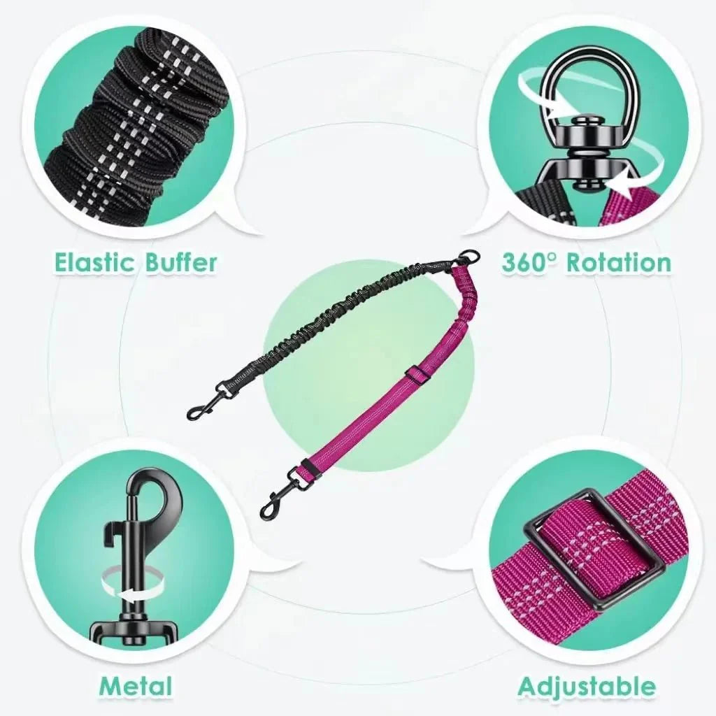 Dailypets Adjustable Dual Bungee Dog Leash Coupler with Reflective Tangle-Free Design