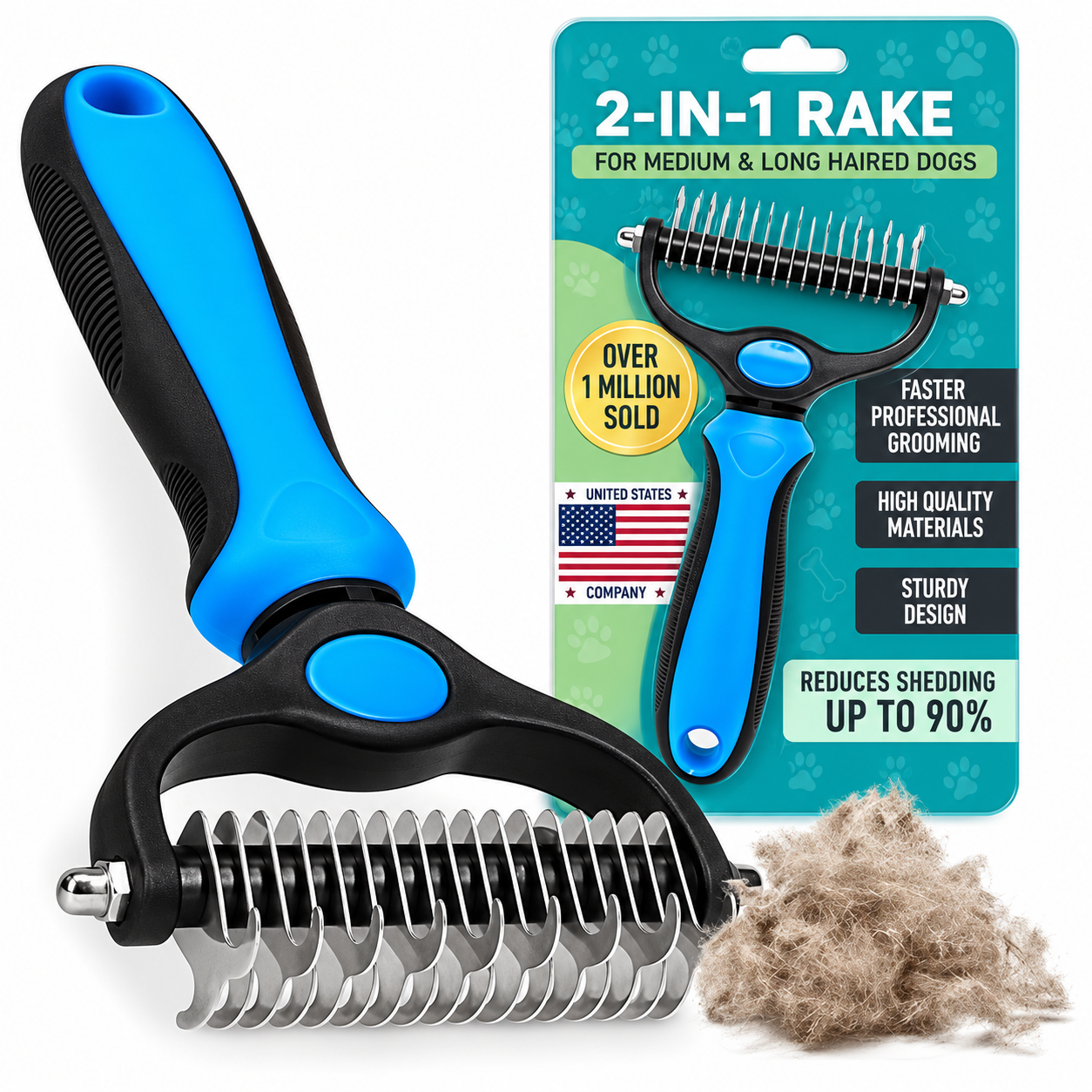 POUPIPETS 2-in-1 Dog Grooming Rake – Deshedding & Dematting Undercoat Brush for Pets